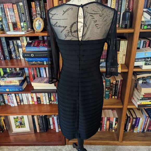 ADRIANNA papell bodycon stretch knit dress illusion mesh neckline black euc sz m - Picture 2 of 6